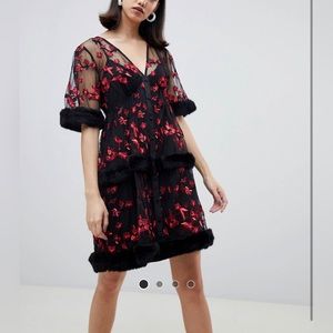 ASOS embroidered mini smock dreck with faux fur trims